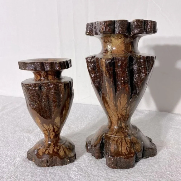 Vintage  Wabi-Sabi Hand Turned Live Edge Chrysanthemum Wood Vase Candle Holders - Picture 1 of 16